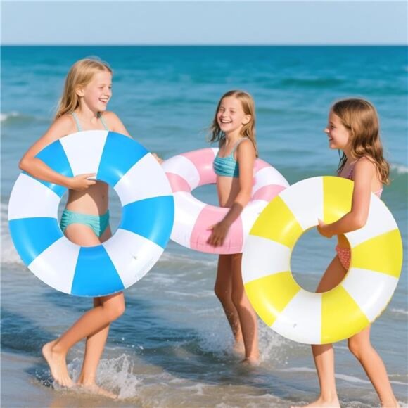 3 PCS 39.4 Inch Jumbo Swimming Ring with Fun Prints Striped Pool Floats Pool - Picture 7 of 8